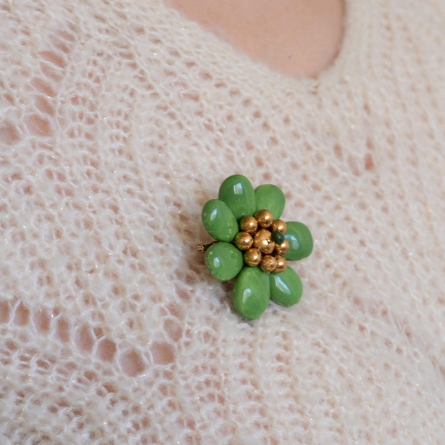 Koreus Ceramic Flower Brooch (Green & Gold)